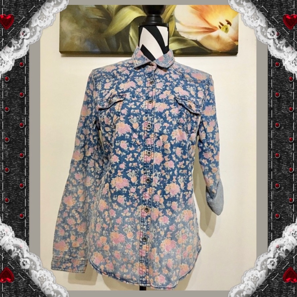 American Rag Gradient Floral Printed Denim Shirt